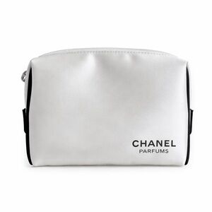 CHANEL Parfums Satin Cosmetic Pouch Makeup Bag White